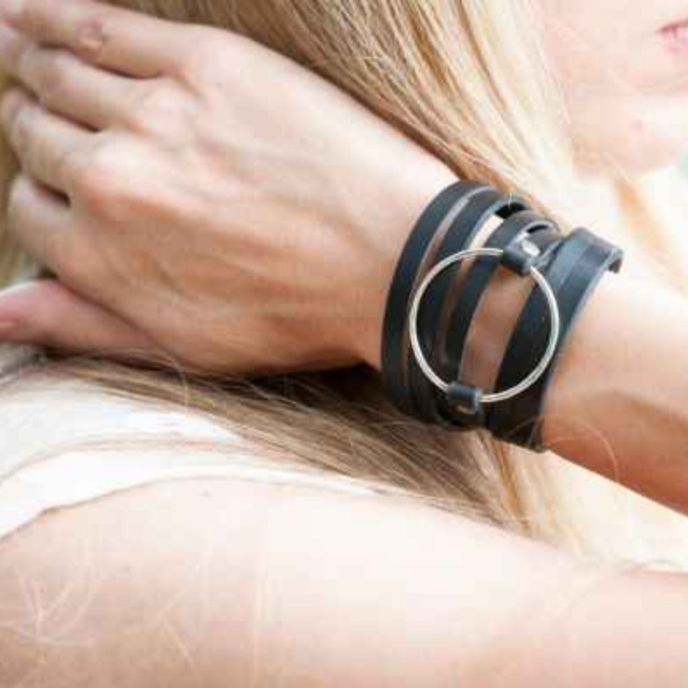 Black leather wrap bracelet with sterling silver hoop
